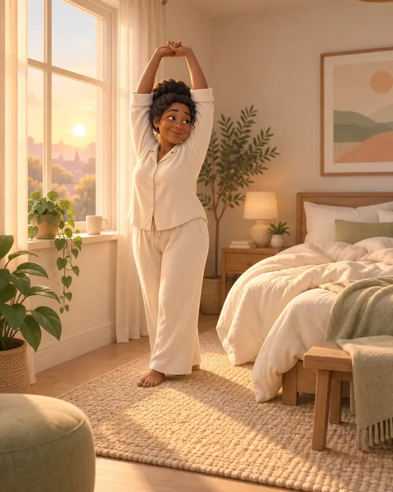 A woman stretching her arms overhead in a sunny bedroom, a Gentle Range morning routine