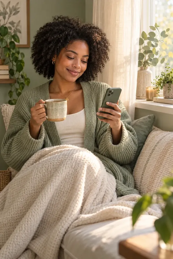 A woman curled up by a sunny window with tea, smiling at a kind line from Kind to Me