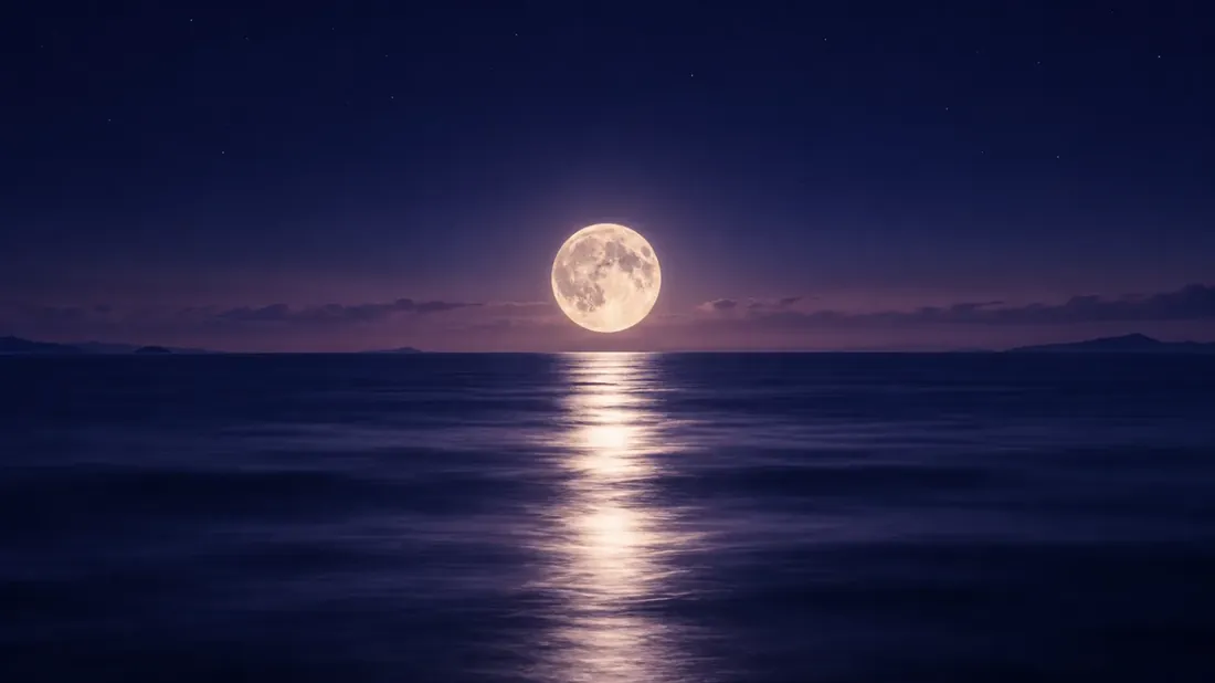 A full moon rising over a calm night sea, the mood of MoonEase sleep sounds