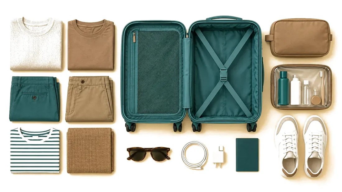 A neat flat-lay of clothes, shoes, a charger and an open teal carry-on, packed with Neatly Packed