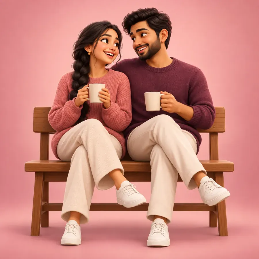 A couple laughing together on a sofa over a shared question from Our Little Thing