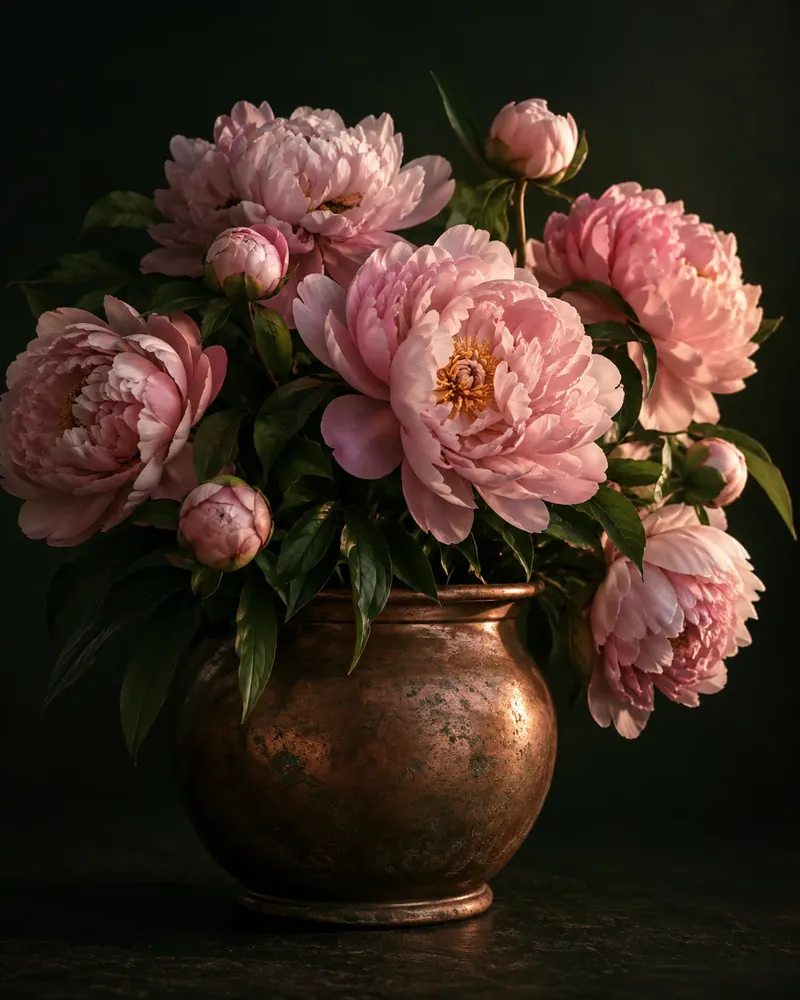 Pink peonies in full bloom in a copper pot, a habit grown to its final stage in Streaks Garden