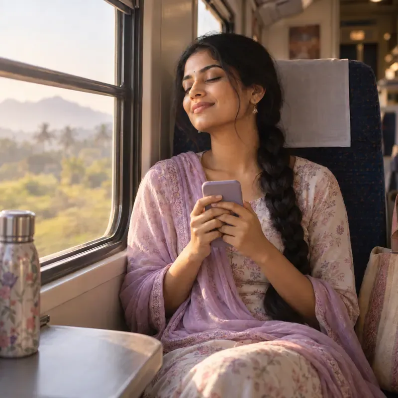 A woman on a morning train, tapping a quick mood check-in in Softly Noted