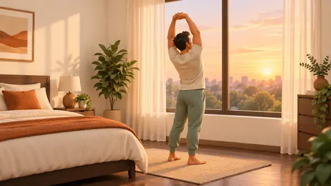 A morning stretch by a sunrise window