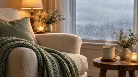 An armchair and a warm drink by a rainy window