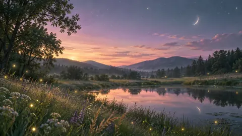 A meadow and pond at dusk under a crescent moon