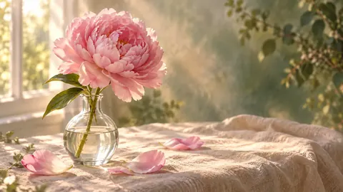 A pink peony in a glass vase