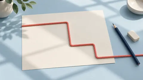 A coral rope in a stepped path across paper