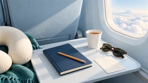 A notebook and tea on a plane tray table