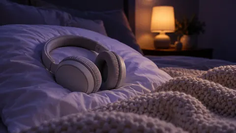Headphones resting on a pillow