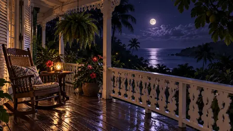 A Jamaican veranda at night after rain
