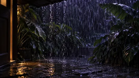 Night rain falling past tropical leaves
