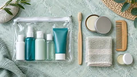 A clear pouch of travel toiletries