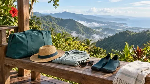 A travel bag on a veranda above the Blue Mountains