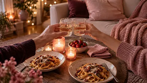 A candlelit pasta dinner at home