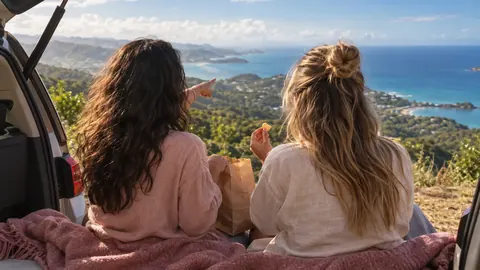 Two friends at a lookout over the sea, seen from behind
