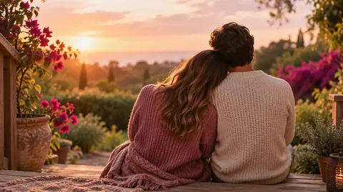 A couple on a porch step at golden hour, seen from behind