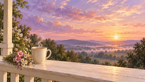 Tea and wildflowers on a porch at sunrise