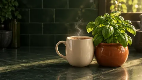 A basil plant beside a morning coffee