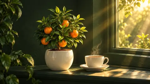 An orange tree and a cup of tea at sunrise